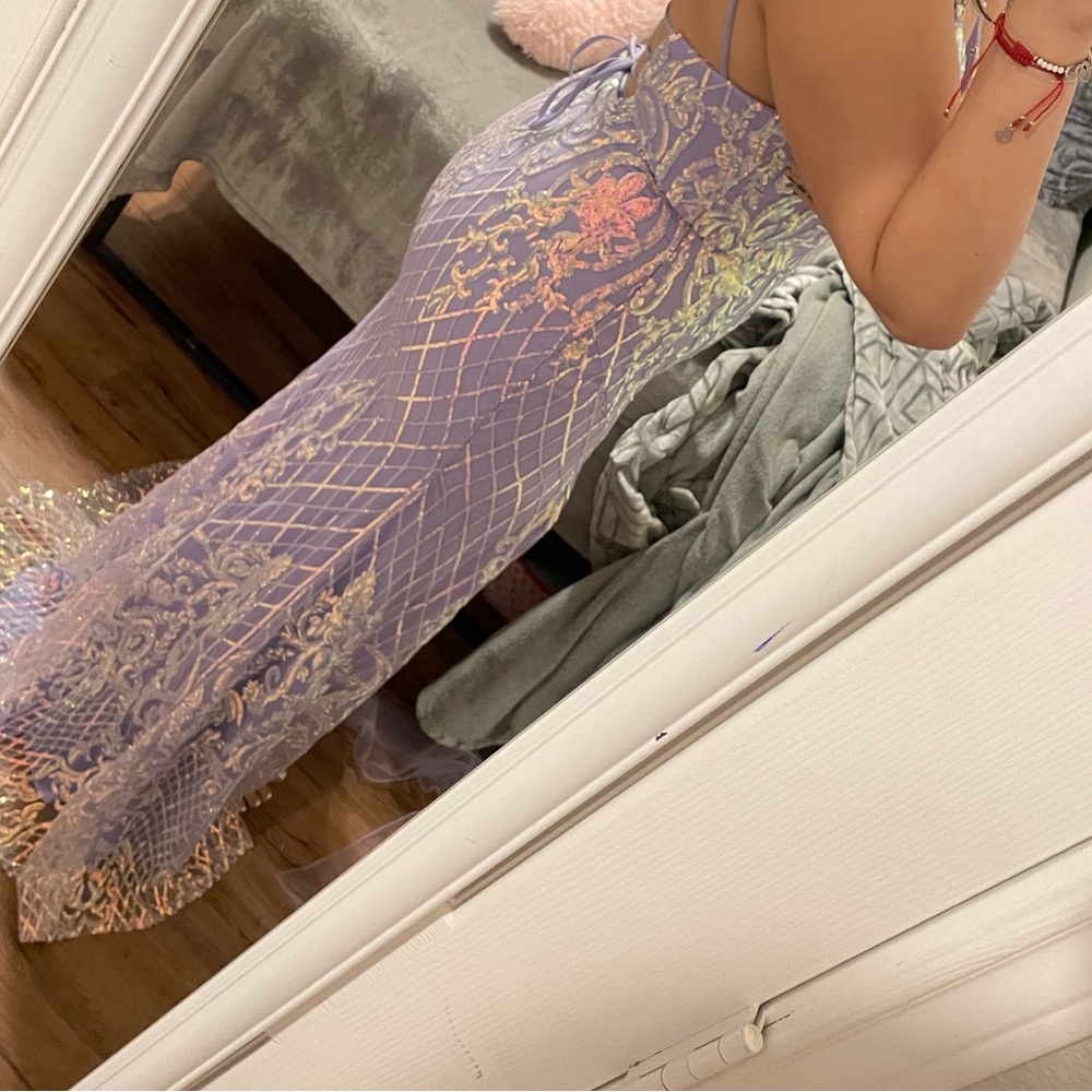 formal purple mermaid style sequin dress cross back low v small train dress - Picture 4 of 10
